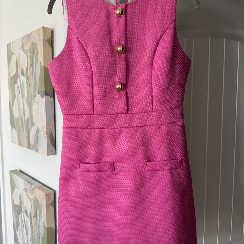 Sleeveless Pink Sheath Dress with Gold Buttons